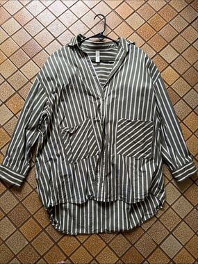 Mahina Striped Button-Down Shirt - Olive/White 100% Cotton